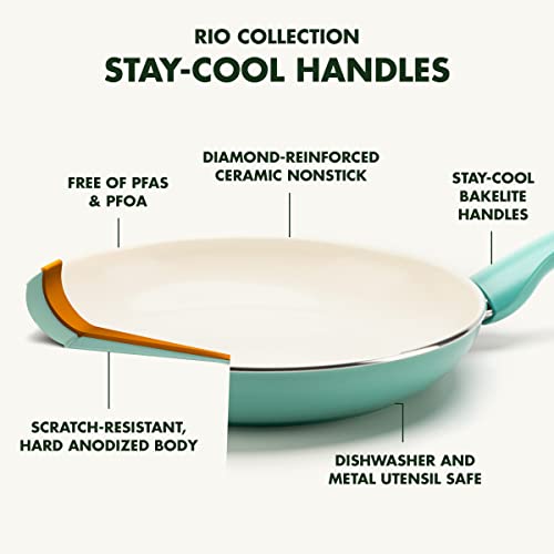 GreenPan Rio 16 Piece Cookware Pots and Pans Set, Hard Anodized Healthy Ceramic Nonstick PFAS-Free, Bakelite Handles, Frypans, Saucepan, Saute Pan, Stock Pot, Kitchen Tools, Dishwasher Safe, Black