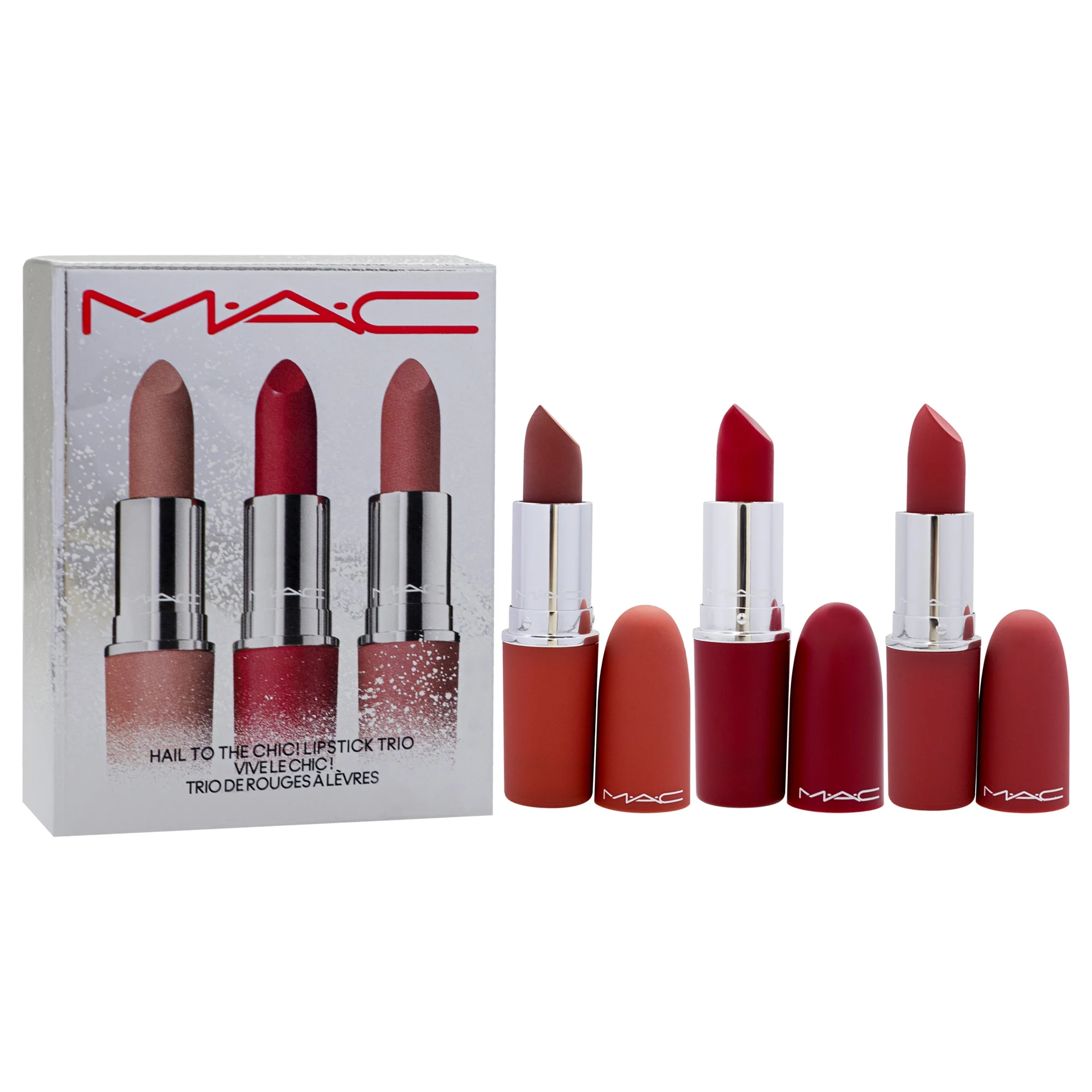 MAC Hail To The Chic Lipstick Trio , 3 Pc 0.10oz Powder Kiss Lipstick - 931 Teddy, 0.10oz Powder Kiss Lipstick - 923 Stay Curious, 0.10oz Retro Matte Lipstick - 707 Rudy Woo