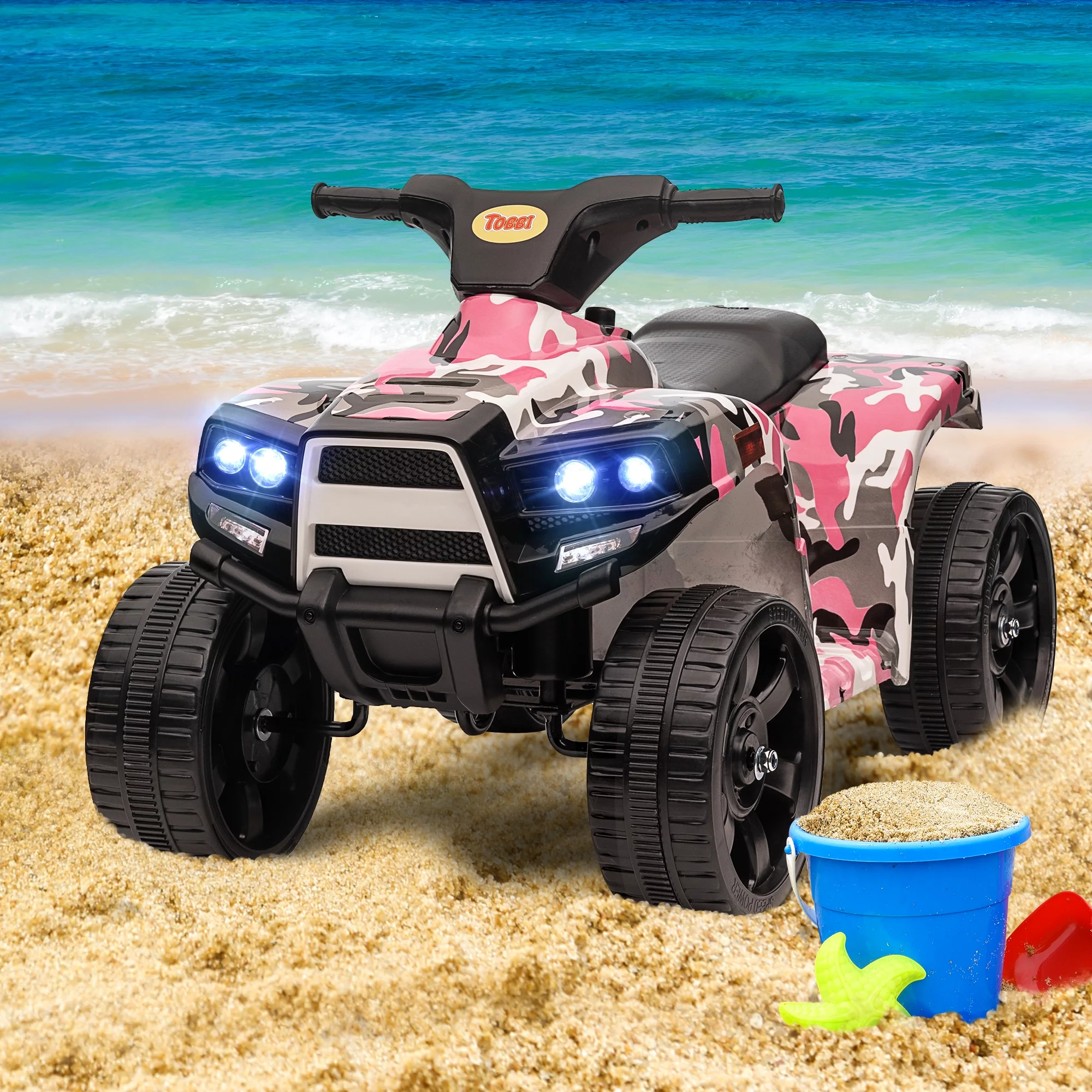 TOBBI Kids ATV, 6V 4 Wheeler Electric Quad Car Ride on Toys W/ LED Headlights, Horn, Speed Indicator, Pink Camouflage