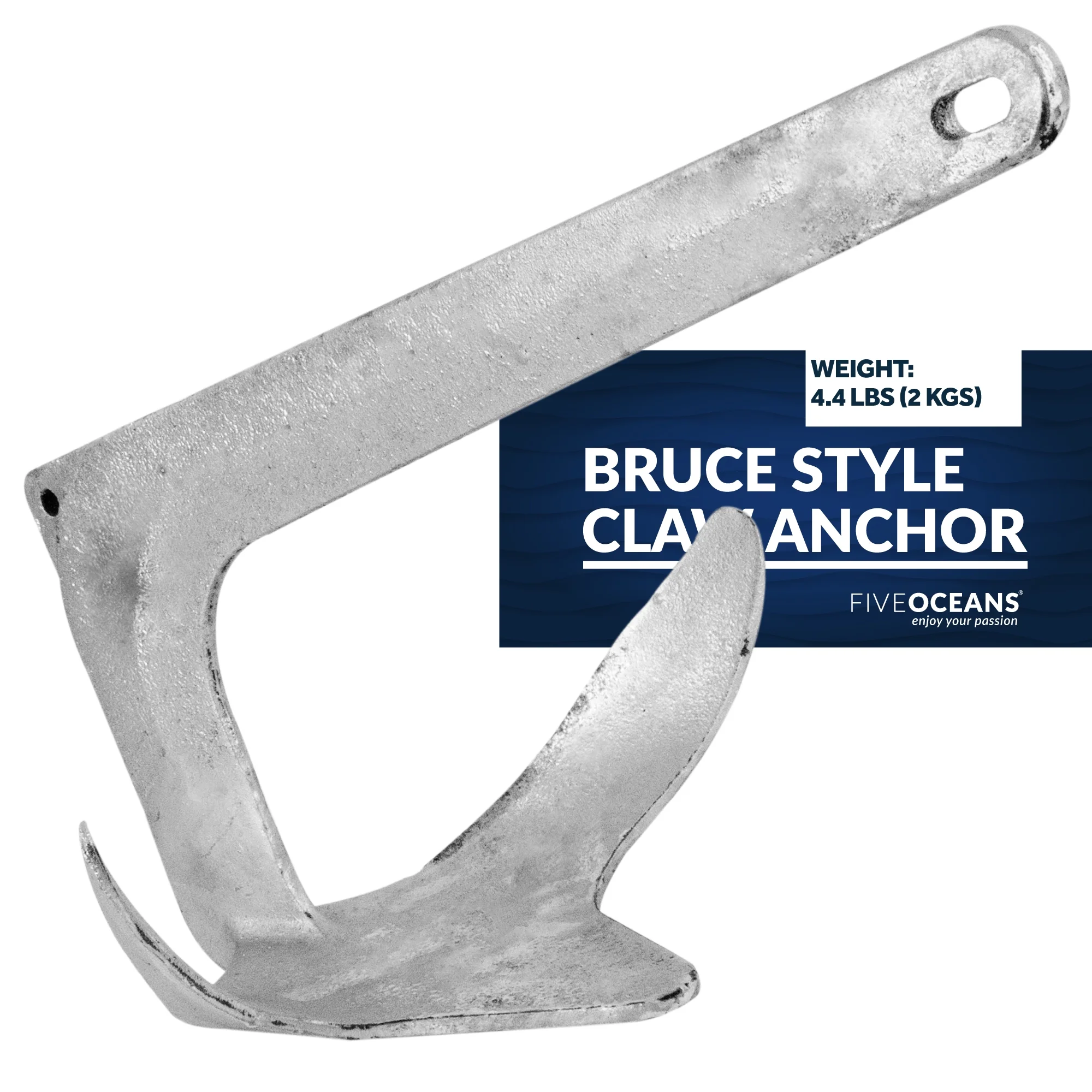 Five Oceans Bruce Style Claw Anchor, 4.4 Lb / 2Kg Hot Dipped Galvanized Steel Boat Anchor, for Pontoon, Kayak, Personal Watercraft, Paddleboards, Canoes, Inflatables & Small Fishing Boats FO4551