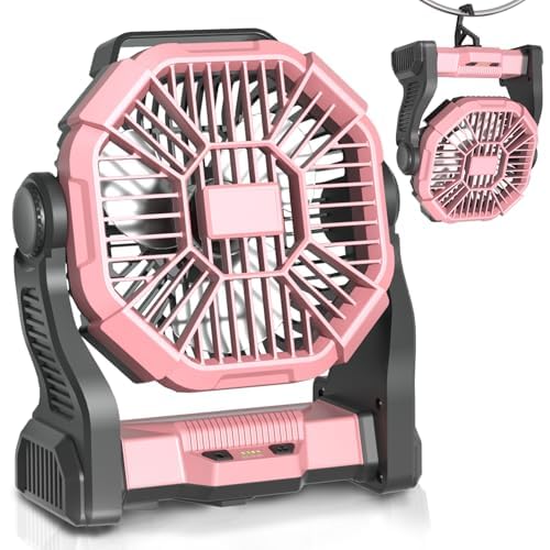 Portable Camping Fan, Rechargeable Battery Operated with LED Lights, Hanging Hook, 270°Rotation, 20000mAh Battery Powered Fan for Beach, Office, Picnic, Fishing, Travel, Tent