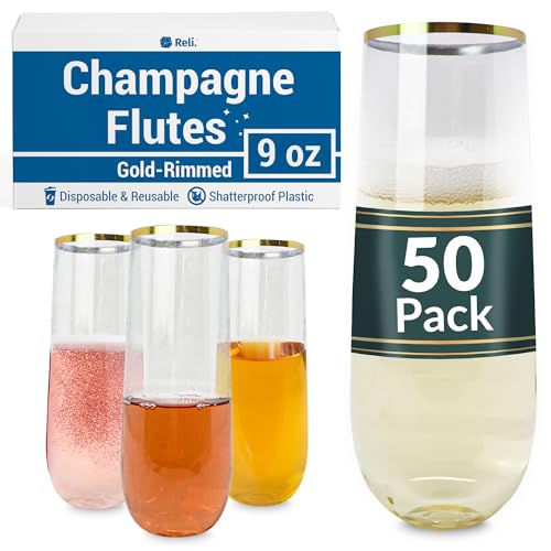 Reli. Plastic Champagne Flutes (50 Pack, 9oz) Clear w/Gold Rim, Stemless | Disposable Champagne Flutes for Champagne, Mimosa, Cocktail, Wedding | BPA-Free Champagne Glasses Plastic, Shatterproof