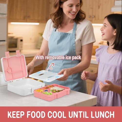 Kids Bento Lunch Box with Ice Pack, 5 Compartments Leak-Proof Bento Box with Utensils, 5.5-Cup Capacity for Adults & Ages 8+, BPA Free, Microwave & Dishwasher Safe, Purple
