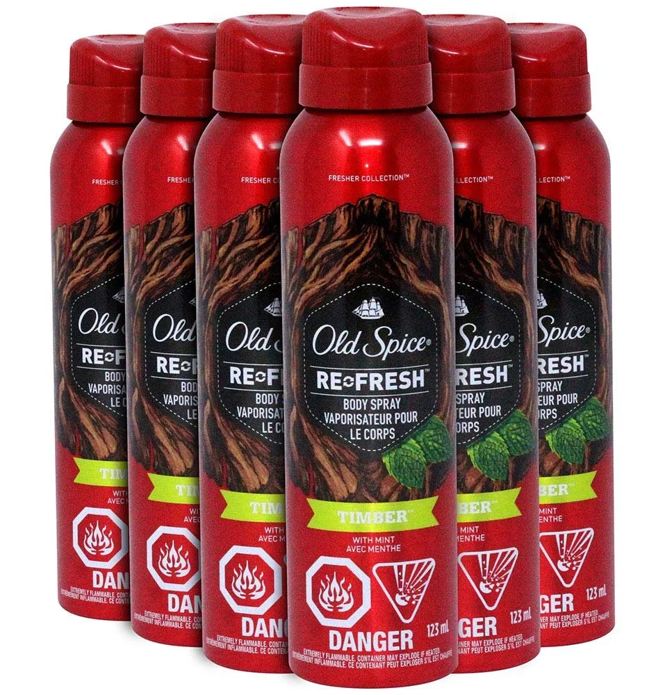 Old Spice Body Spray, Re-Fresh Timber With Mint, Refreshing Body Spray for Men, 4.15 Ounce Pack of 6