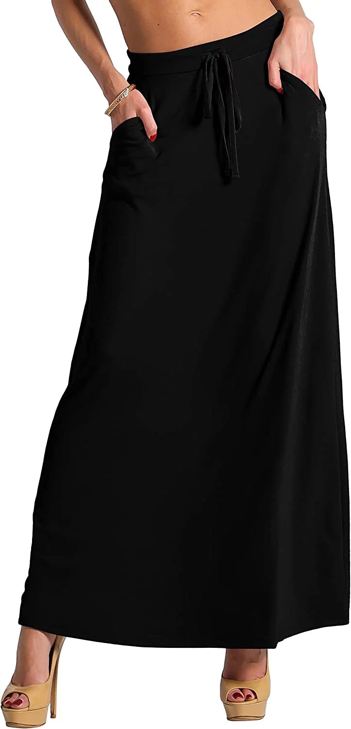 Zenana Women & Plus Relaxed Drawstring Waist Draped Basic Maxi Skirts with Side Pockets