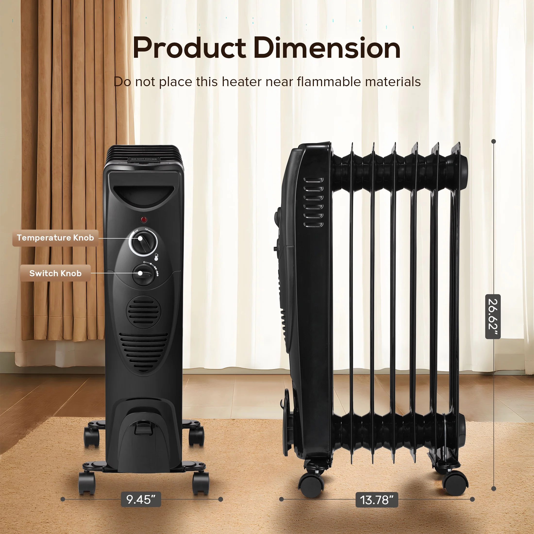 Auseo Electric Oil Filled Radiator Space Heater, Thermostat Room Radiant, Room Heater, Black