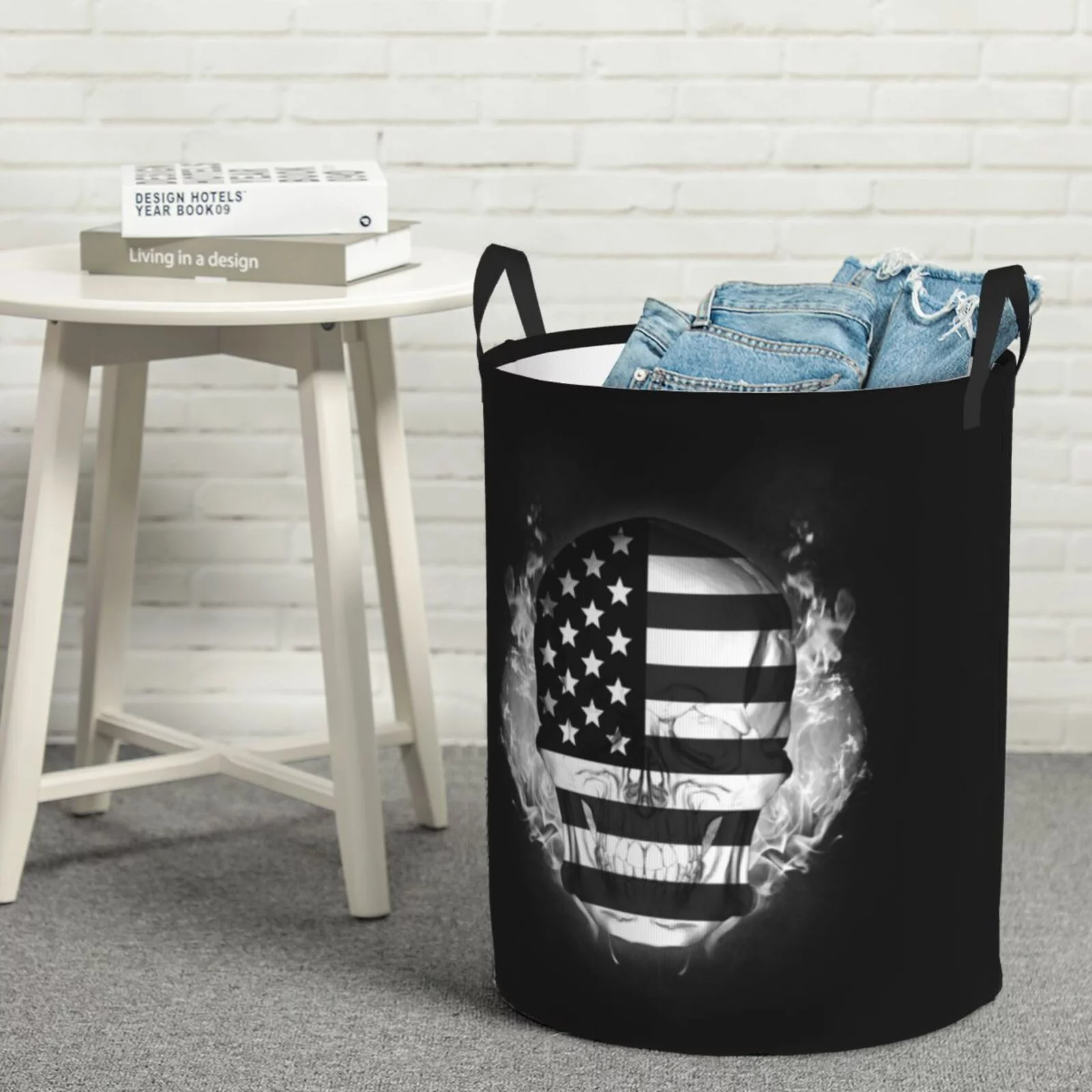 XMXT Collapsible Laundry Basket, American Flag Skull Print Waterproof Laundry Hamper, 62L Black
