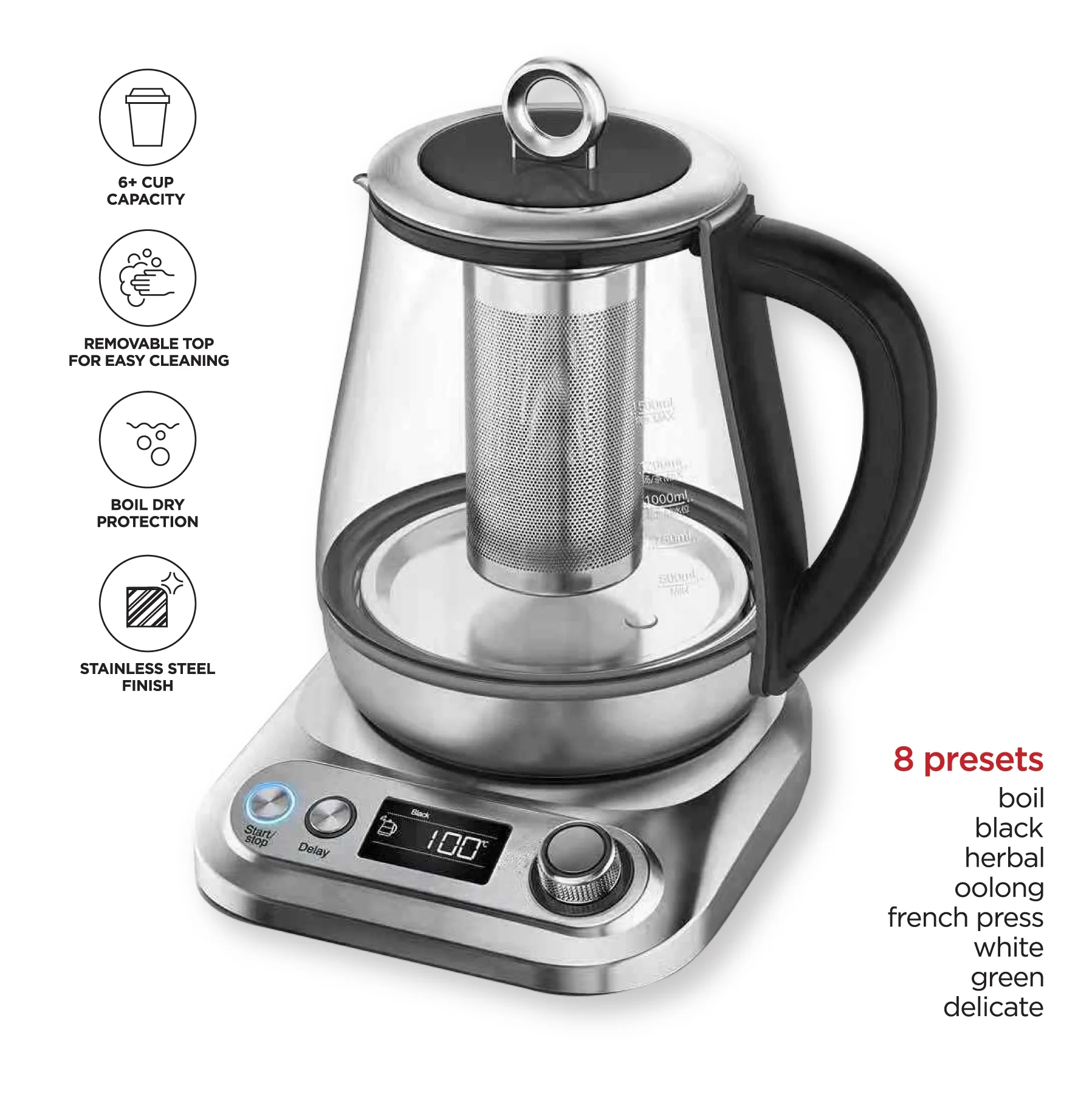 Chefman Digital Programmable Glass Electric Kettle, Stainless Steel, 1.5 Liter