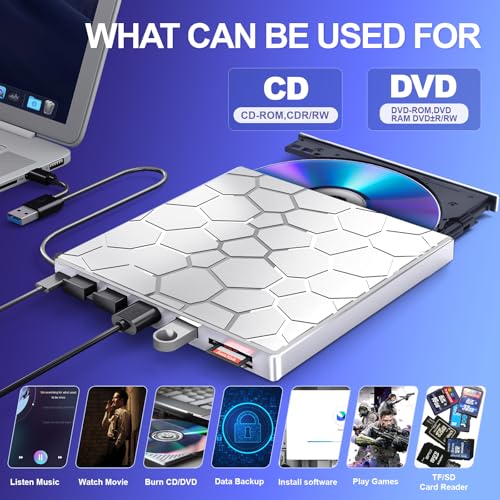 External CD/DVD Drive for Laptop, DVD Player for Laptop, 8 in 1 USB 3.0 Ultra-Slim Portable, CD Burner External Disk Drive Optical Compatible with Desktop Mac,Windows 11/10/8/7 Linux