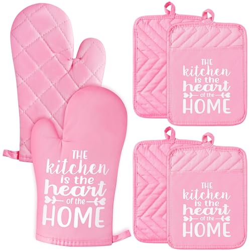 GROBRO7 6Pcs Christmas Oven Mitts Pot Holders Baking Gift, We Wish You a Merry Christmas Resistant Hot Pad Machine Washable Gloves with Hanging Loop Pocket Potholder for Kitchen Cooking Grilling Red