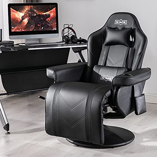 S*MAX Gaming Recliner Chair for Adults Higher Back Wider Lumbar Support Swivel PU Leather with Adjustable Backrest and Footrest Larger Cup Holder Side Pouch Gamer Chairs Black White X Large