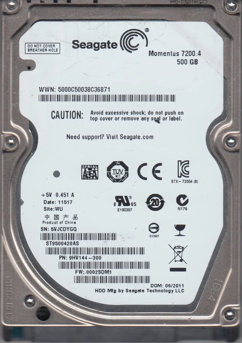 ST9500420AS, 5VJ, WU, PN 9HV144-300, FW 0002SDM1, Seagate 500GB SATA 2.5 Hard Drive