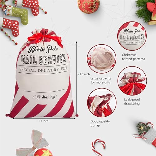 XinblueCo Santa Sack 2 Pack Christmas Stripe Canvas Santa Bag with Drawstring Xmas Personalied Gift Bag Extra Large Christmas Sacks Size 21.5