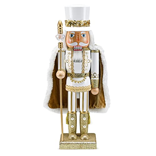 Ornativity Christmas Gold King Nutcracker – Gold and White Glittered Wooden Nutcracker Man Fur Cape and Staff in Hand Xmas Themed Holiday Nut Cracker Doll Figure Decorations 14