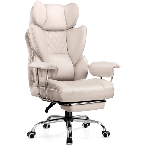 COMHOMA Big and Tall Office Chair, High Back Leather Gaming Chair with Footrest, Executive Ergonomic Office Chair with Pocket Spring Lumbar Support and with Outward Fixed Soft Armrests