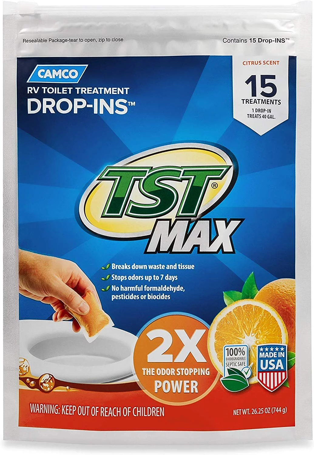 Camco TST Ultra-Concentrated Orange Citrus Scent RV Toilet Treatment Drop-Ins, Formaldehyde Free, Breaks Down Waste And Tissue, Septic Tank Safe, 15-Pack (41189)