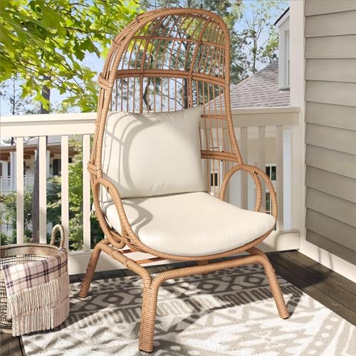 YITAHOME Outdoor Narrow Egg Chair Wicker, Patio Rattan Basket Chair with 370lbs Capacity Indoor Egg Chairs with Stand & Cushion Cocoon Chair for Bedroom, Patio, Balcony - Beige