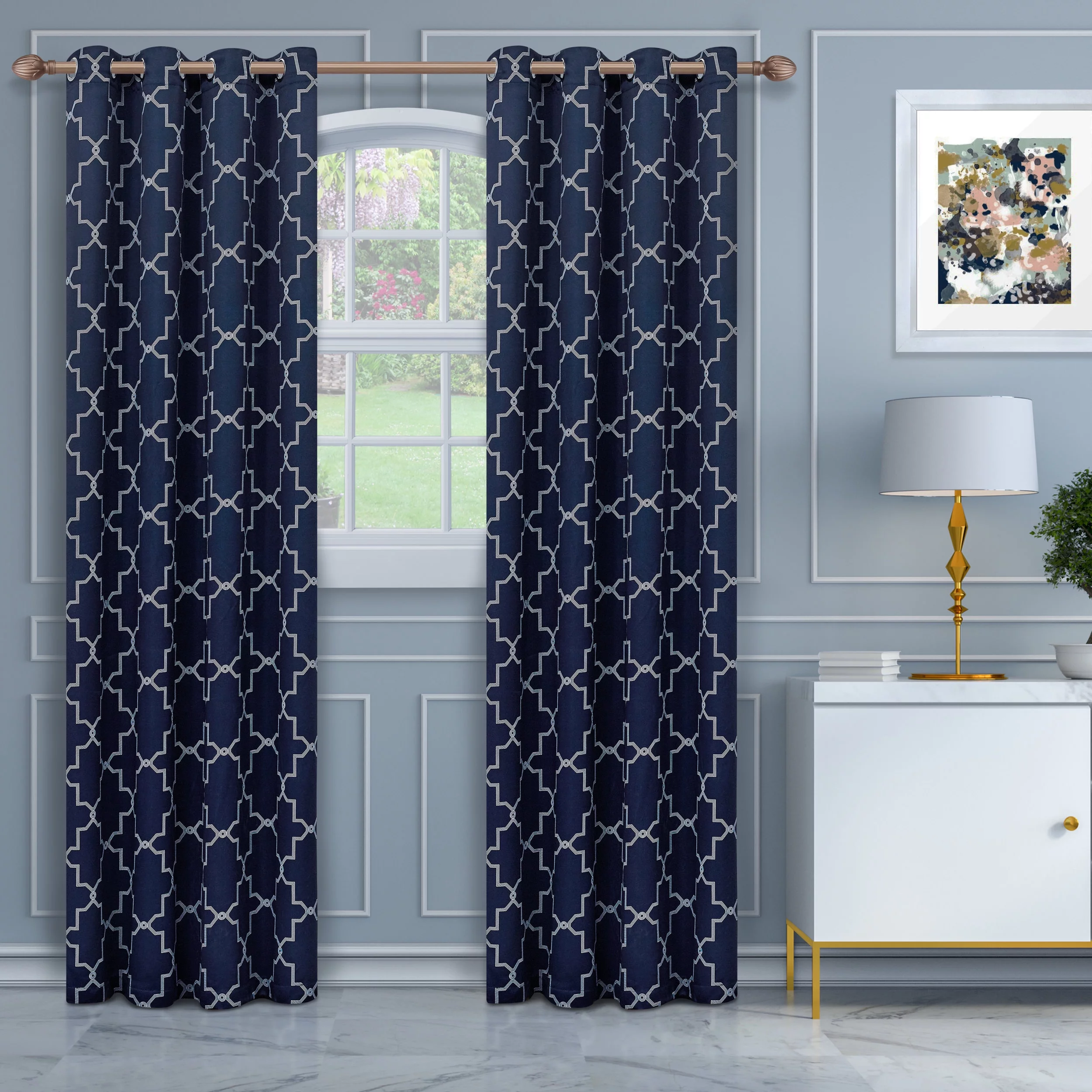 Superior Imperial Trellis Blackout Thermal Grommet Curtain Set Of 2, Navy Blue