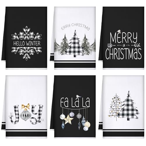 Geyoga 6 Pcs Merry Christmas Kitchen Towels Buffalo Plaid Xmas Tree Dish Towels Hand Towel Tea Towel Absorbent Soft Drying Cloth for Holiday Housewarming Gifts, 16x24 Inch(Gray White)