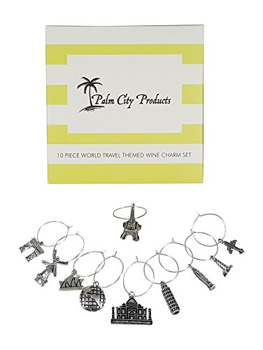 Palm City Products 10 Piece World Travel Themed Wine Charm Set - Traveler Stemmed Wine Glass Charms
