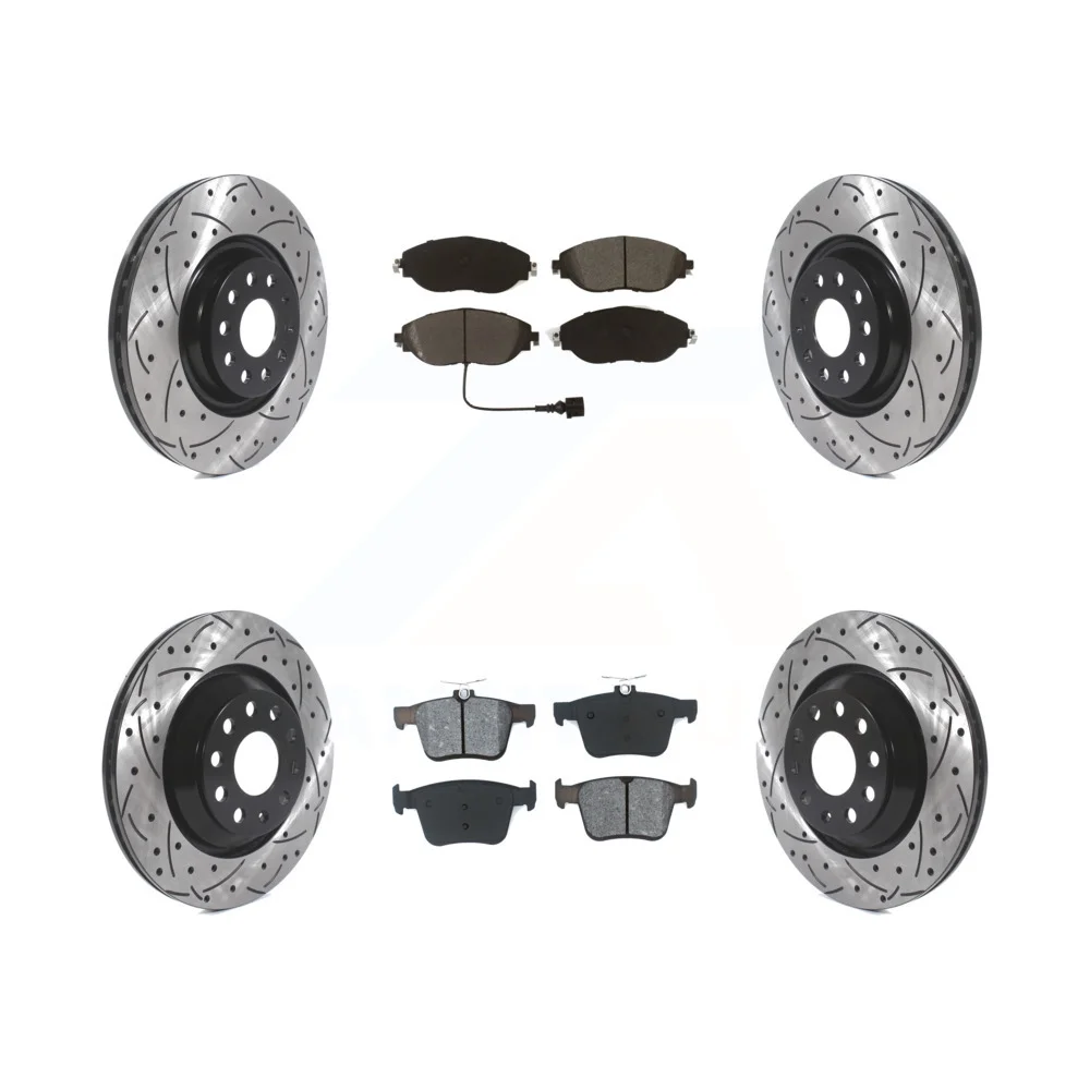 Transit Auto - Front Rear Coated Drilled Slotted Disc Brake Rotors And Semi-Metallic Pads Kit For Audi Volkswagen Golf R S3 Q3 Arteon KDS-100640
