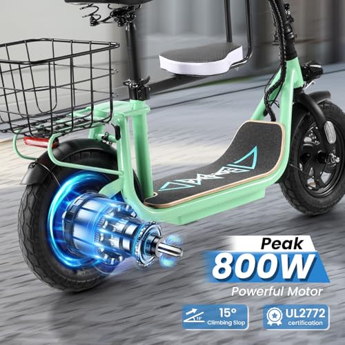 Caroma Peak 500W/800W/1200W Electric Scooter with Seat, 30 Miles Max Range Electric Scooter Adults&Teens, 48V Large Battery, 20MPH Top Speed Foldable Ebike, Adjustable E-Bike with Basket&Kid Seat