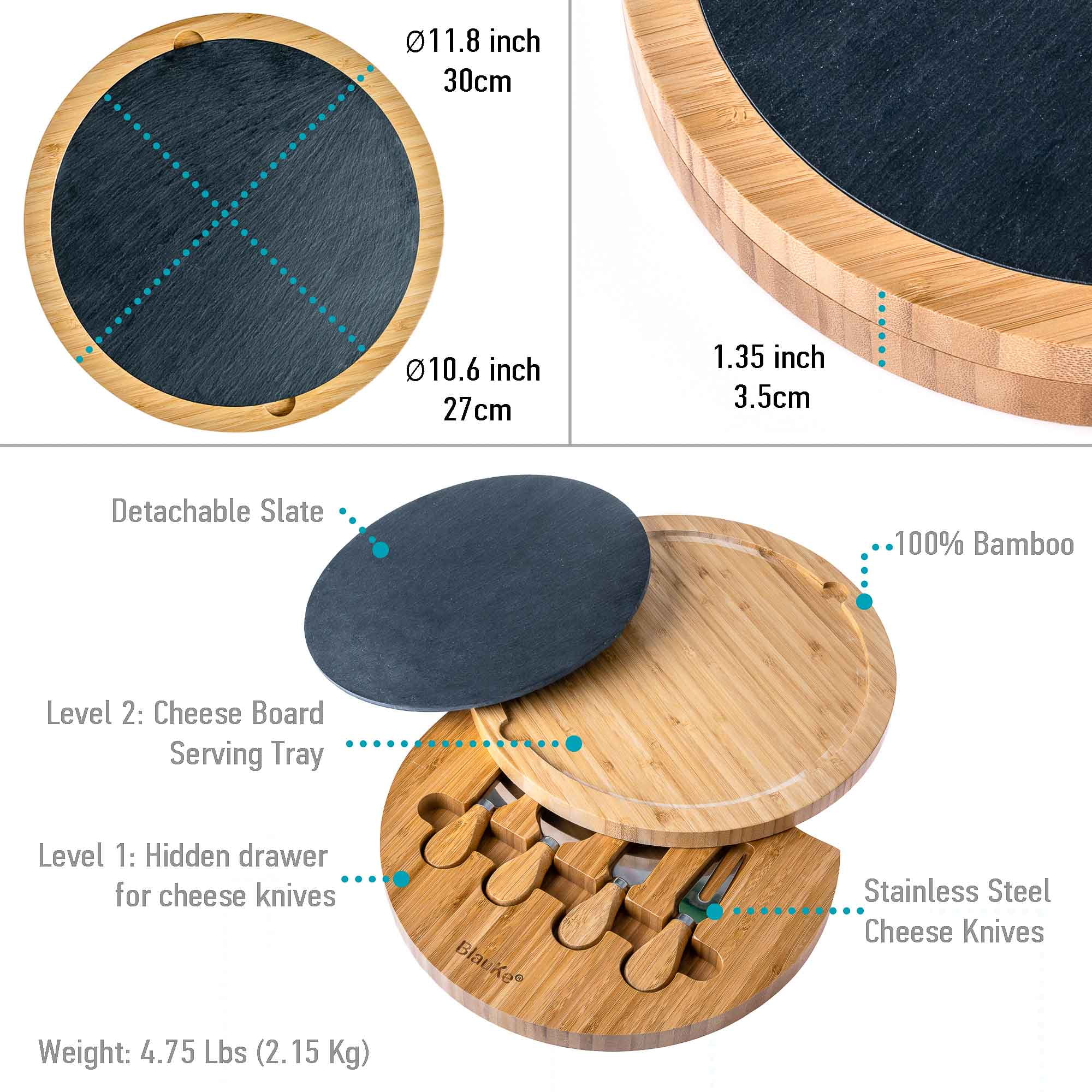 BlauKe® Bamboo Cheese Board with Knife Set and Slate – 12 inch Round Charcuterie Board, Serving Tray, Platter, Wood Cheese Board Set – Gift Idea