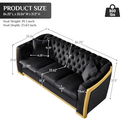 Luxury Velvet Chesterfield Sofa for Living Room, Comfy Grey and Gold Couch Vintage Loveseat Couches Curved 3 Seater Couch Tufted Sofas with Gold Legs for Bedroom, Grey