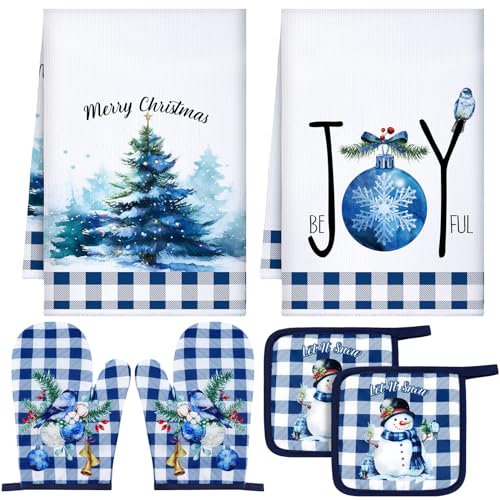 Bencailor 6 Pcs Christmas Kitchen Towel Oven Mitts and Pot Holders Set Xmas Theme Dish Towels Heat Resistant Oven Gloves for Xmas Kitchen Cooking Baking Grilling(Christmas Star Theme)