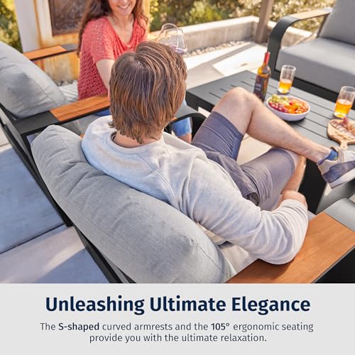 EAST OAK Signature 4 Pieces Patio Furniture Set, Outdoor Furniture with Aluminum Frame, Deep Seating Outdoor Loveseat and Coffee Table, Modern Patio Conversation Set for Porch and Balcony, Dark Grey