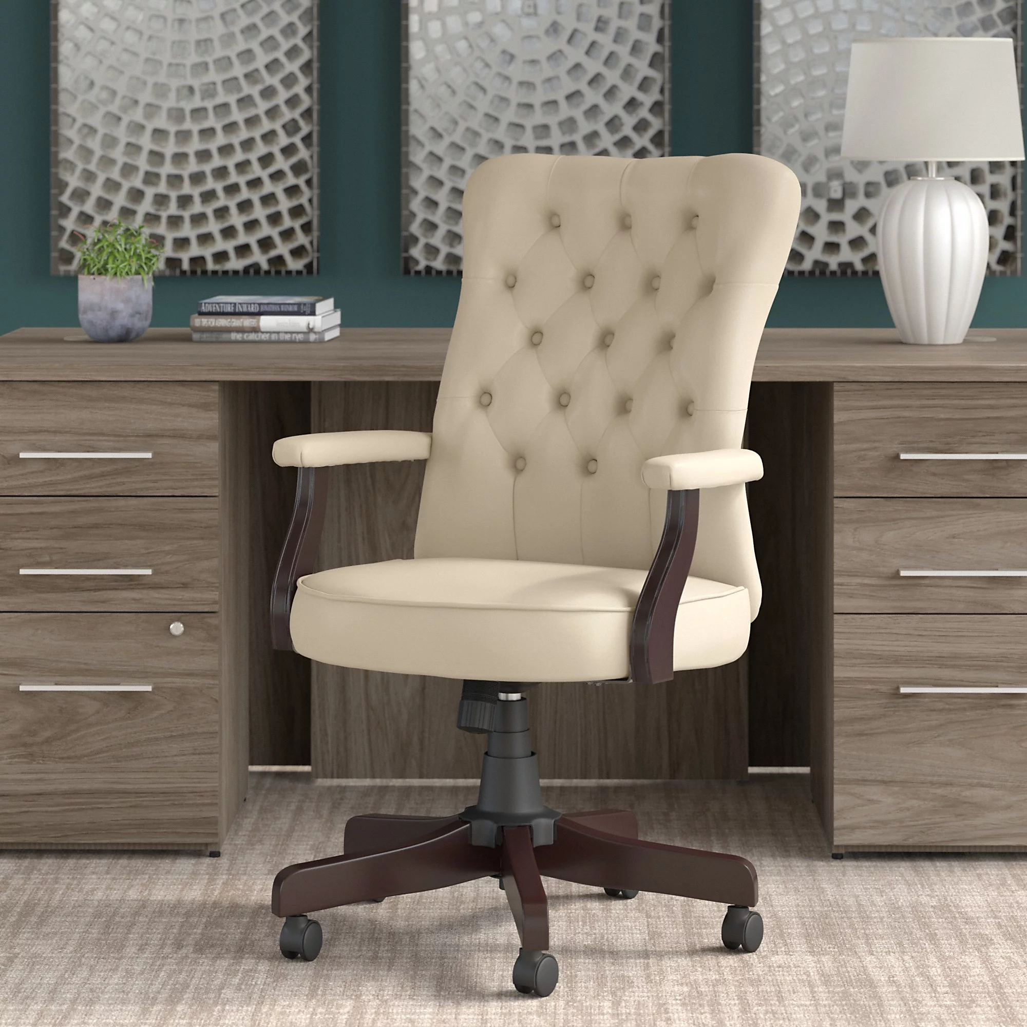 Bush Furniture Fairview High Back Tufted Office Chair with Arms in Antique White Leather