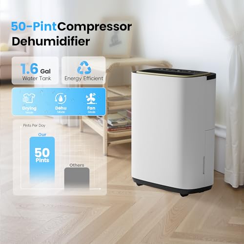 5000 Sq.Ft Dehumidifier, 50PT/24H Dehumidifiers with Hose for Basement, Large Compressor Dehumidifier for Home/Office/Bedroom/Laundry, Dehu/Dry/Air Mode, Humidity Display, Timer, Drainage Hose