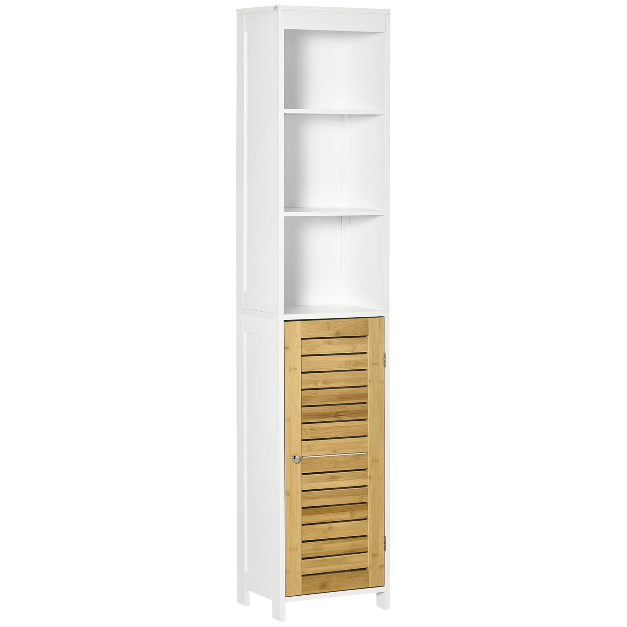 kleankin Tall Bathroom Storage Cabinet, Free Standing Bathroom Cabinet Slim Side Organizer w/ 3-Tier Open Shelf, Bamboo Door, White
