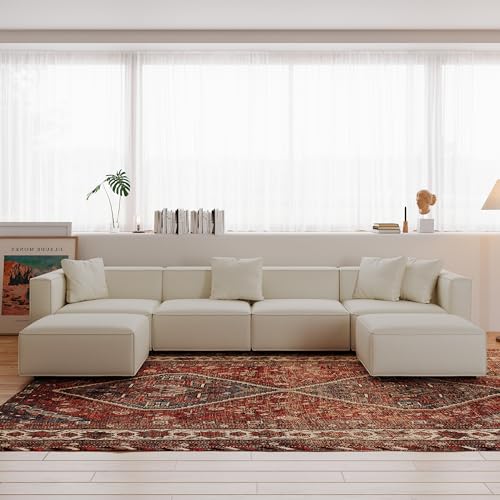 Acanva Luxury Modular Sectional Living Room Sofa Set, Modern Minimalist Style Couch with Ottoman and Chaise, L-Shape, Linen-Like Cream