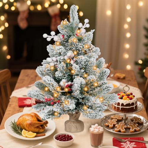 ININ 2FT Pre-lit Mini Christmas Snow Flocked Tree,Tabletop Artificial Christmas Tree with LED Lights, Small Xmas Pine Tree with Cloth Bag Base for Christmas Decor,12 Clusters Berry & 8 Pinecones