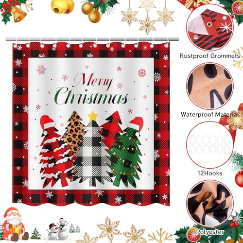 4Pcs Christmas Shower Curtain Set - Merry Christmas Bathroom Set Holiday Shower Curtain with Non-Slip Rugs, Toilet Lid Cover and Bath Mat