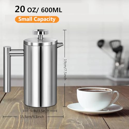 Small French Press Coffee Maker 600ml, Double-Wall Insulated French Press Coffee Press Stainless Steel for travel camping, Included 2 Extra Fliters and 1 Coffee Spoon (2-4cup, 20 OZ)
