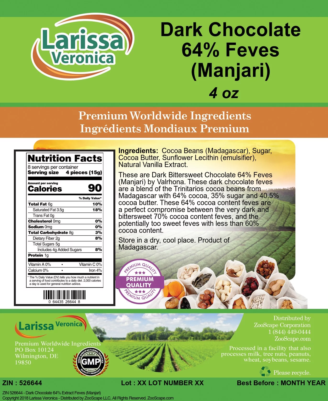 Larissa Veronica Dark Chocolate 64% Feves (Manjari), (4 oz, 3-Pack, Zin: 526644)