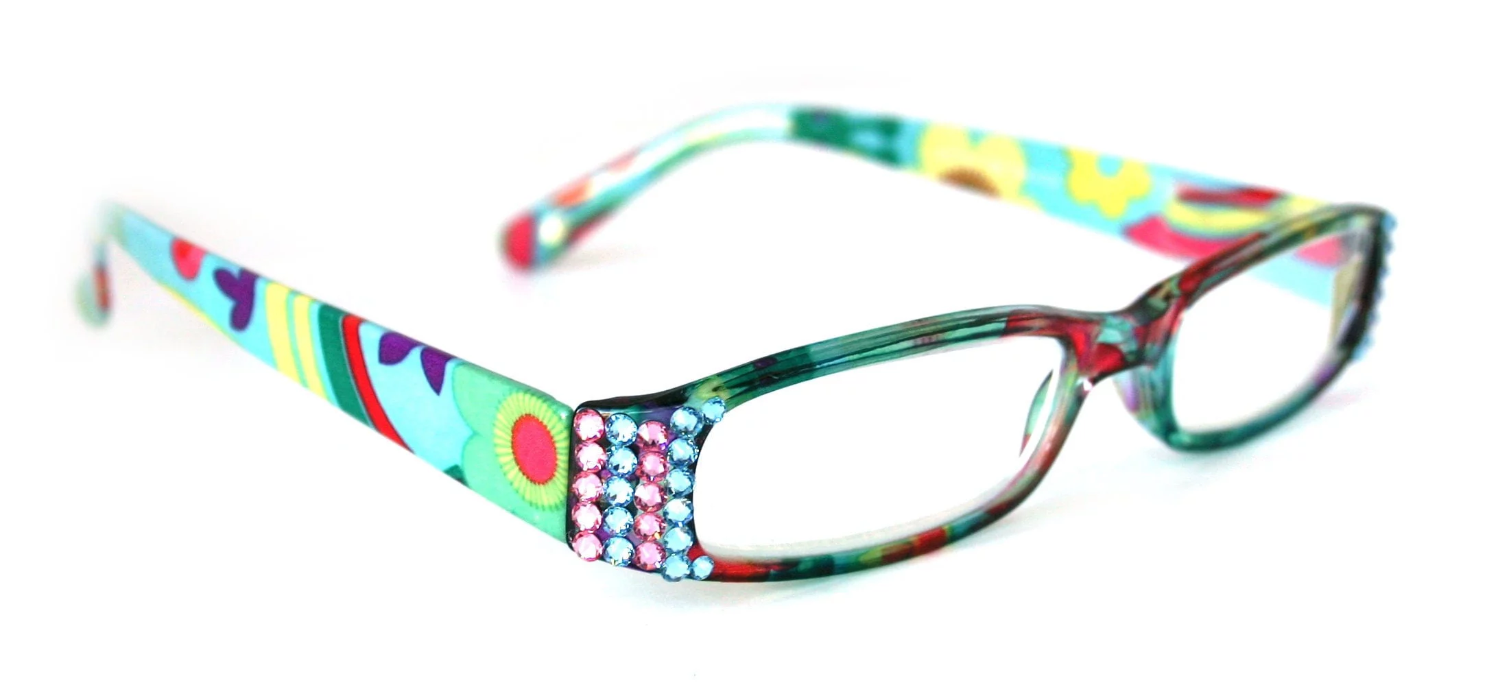 Elsa, (Bling) Reading Glasses for Women W (Aquamarine, L. Amethyst) Genuine European Crystals  (Teal, Yellow) Optical Frame, NY Fifth Avenue