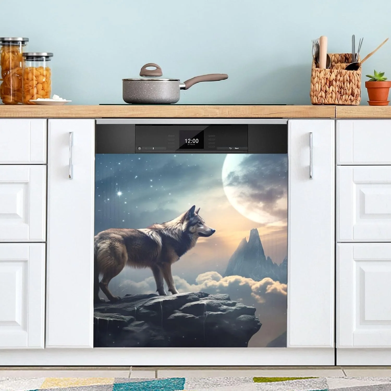 Coolnut Magnetic Dishwasher Stickers Wolf on Starry Night Kitchen Dishwasher Cover Sticker, Panel Decal Home Cabinet Appliances Stickers 23in W x 26in H Home Decor