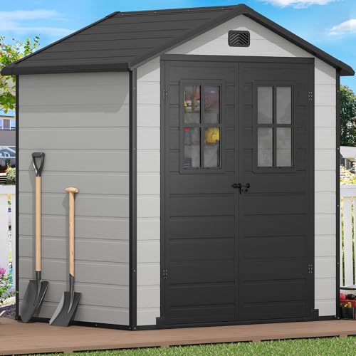 DWVO 6x4.4 FT Resin Storage Shed with Fence-Style and Side Windows, Lockable Door, and Vents for Garden, Backyard, Patio, Lawn, Brown