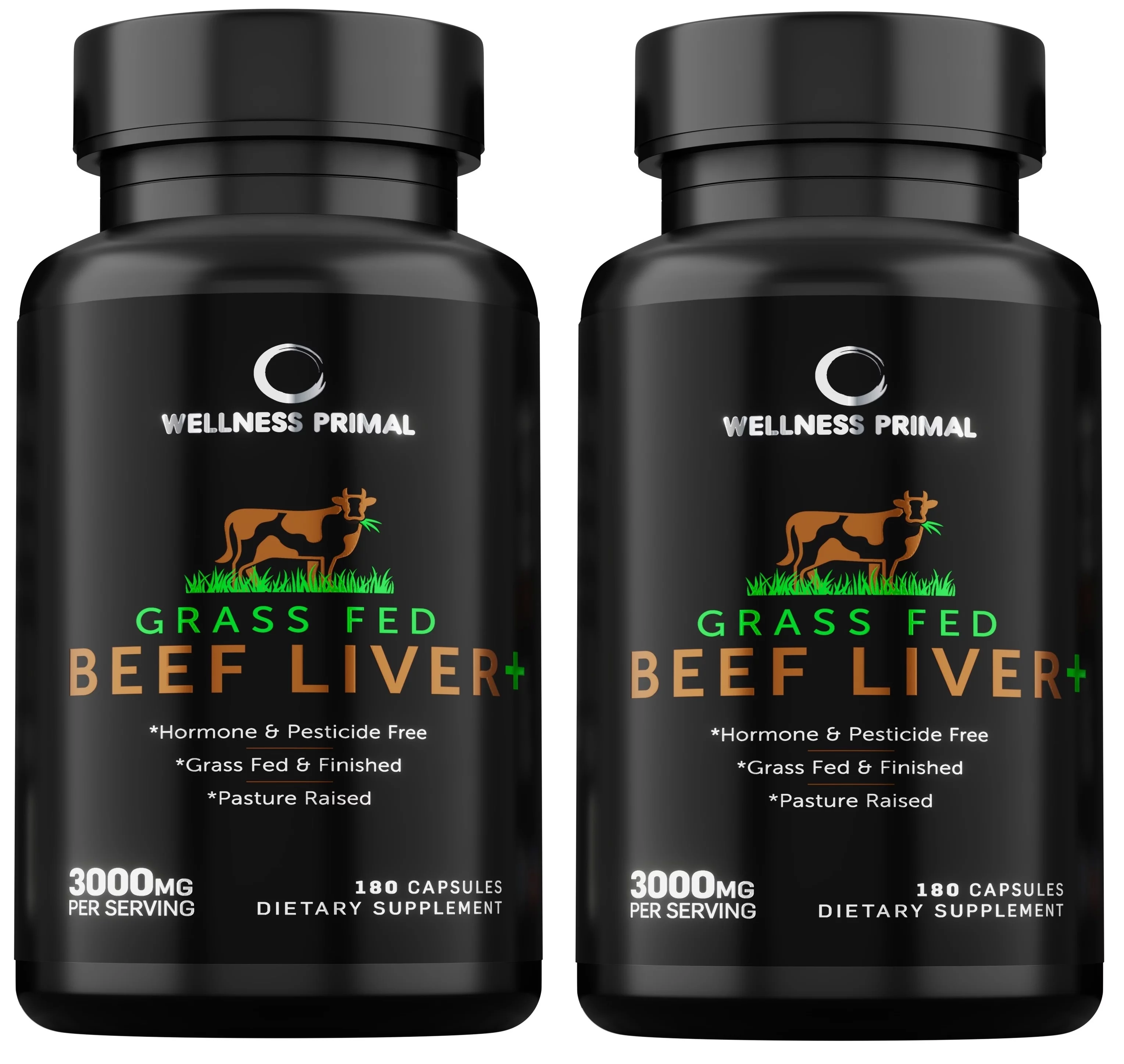Wellness Primal Beef Liver Plus Supplement (Desiccated) Grass Fed , Argentinian Raised Cattle Natural Iron, Vitamin A, B12 for Energy (180 Capsules) (2 Bottle)