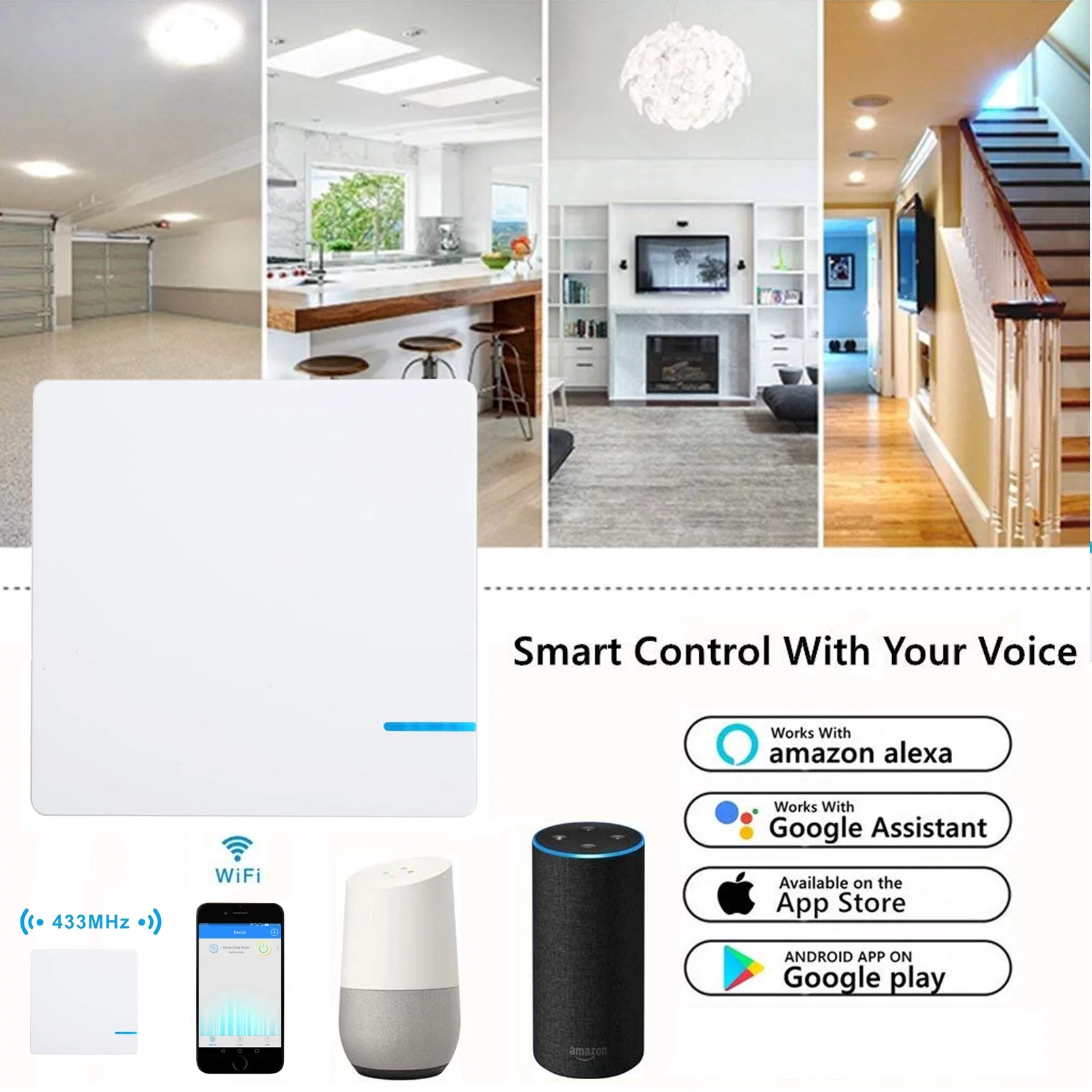 GREENCYCLE Smart Light Switch WiFi Wall Wireless 1-gang Switch + 2x WIFI Receiver Compatible with Amazon Alexa and Google Home Remote Control Lights and Appliances Timing Function