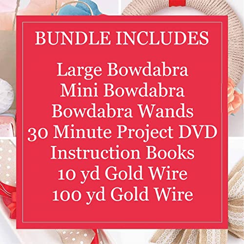 Bowdabra Bow Maker with Large Bowdabra, Mini Bowdabra, 100yd Gold Bow Wire for Ribbon Gift Bows, Swags, Decorations, Hair Bows, Party Favors, Corsages, Wreath Bows, Christmas Decor