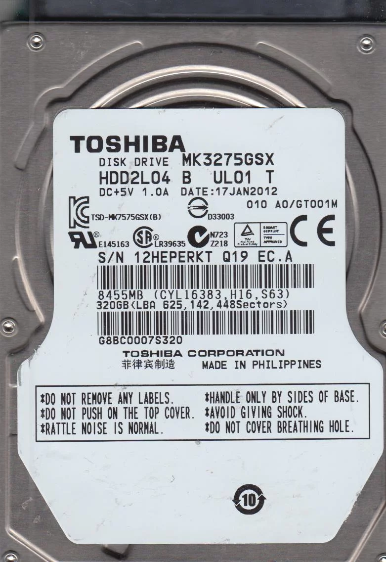 MK3275GSX, A0/GT001M, HDD2L04 B UL01 T, Toshiba 320GB SATA 2.5 Hard Drive