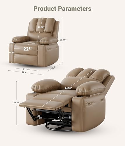 Oversized Recliner Chairs with Heat and Massage - 360° Swivel Lazy Recliner Chair for Adults- Manual Recliner Chair with Cup Holder for Living Rooms, Bedrooms and Nurseries - Grey