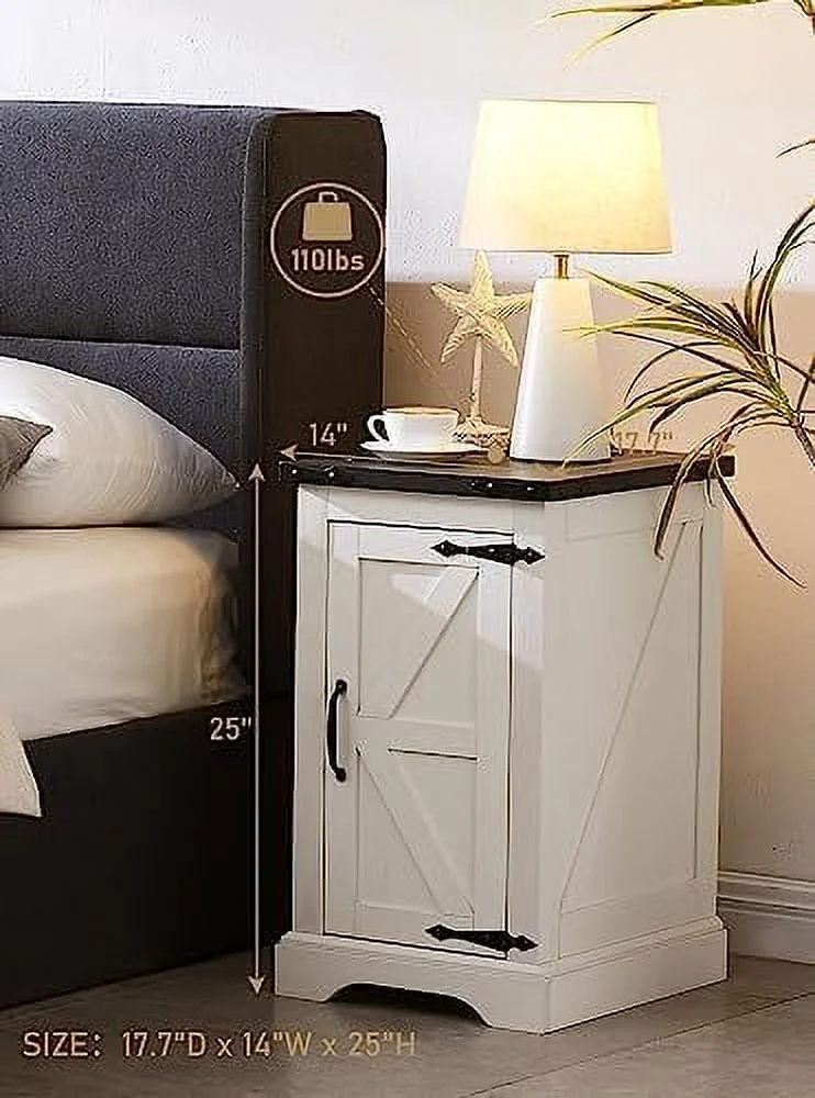 HOOMZNB Nightstand with Charging Station  Rectangular Farmhouse End Table with Barn Door and Adjustable    17" Deep Wood Rustic Sofa Side Table for Living Room  Bedroom  Black