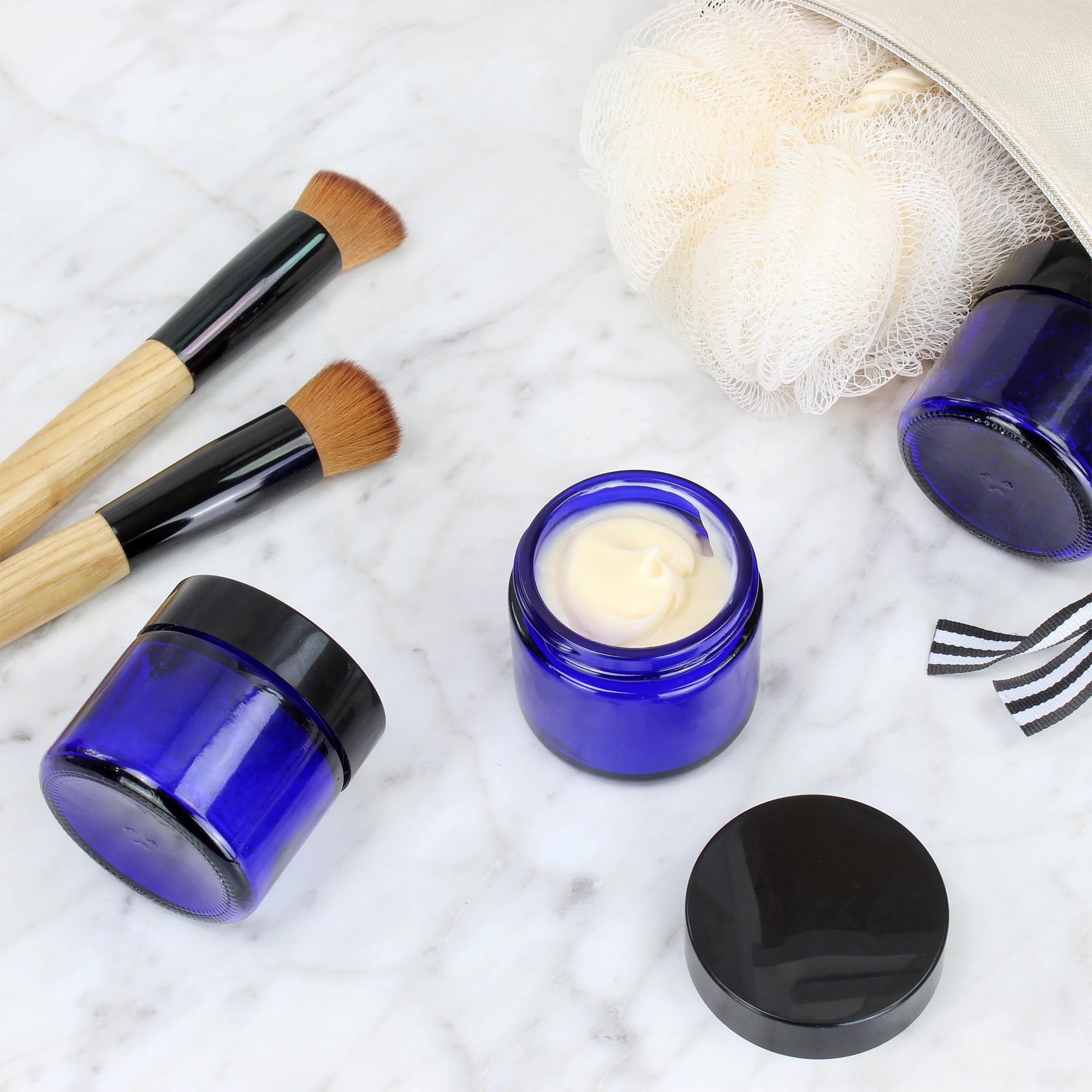 Cornucopia 2oz Cobalt Blue Glass Cosmetic Jars (12-Pack); Straight Sided Jars w/Black Plastic Lined Lids for Balms, Cosmetics, Creams & More