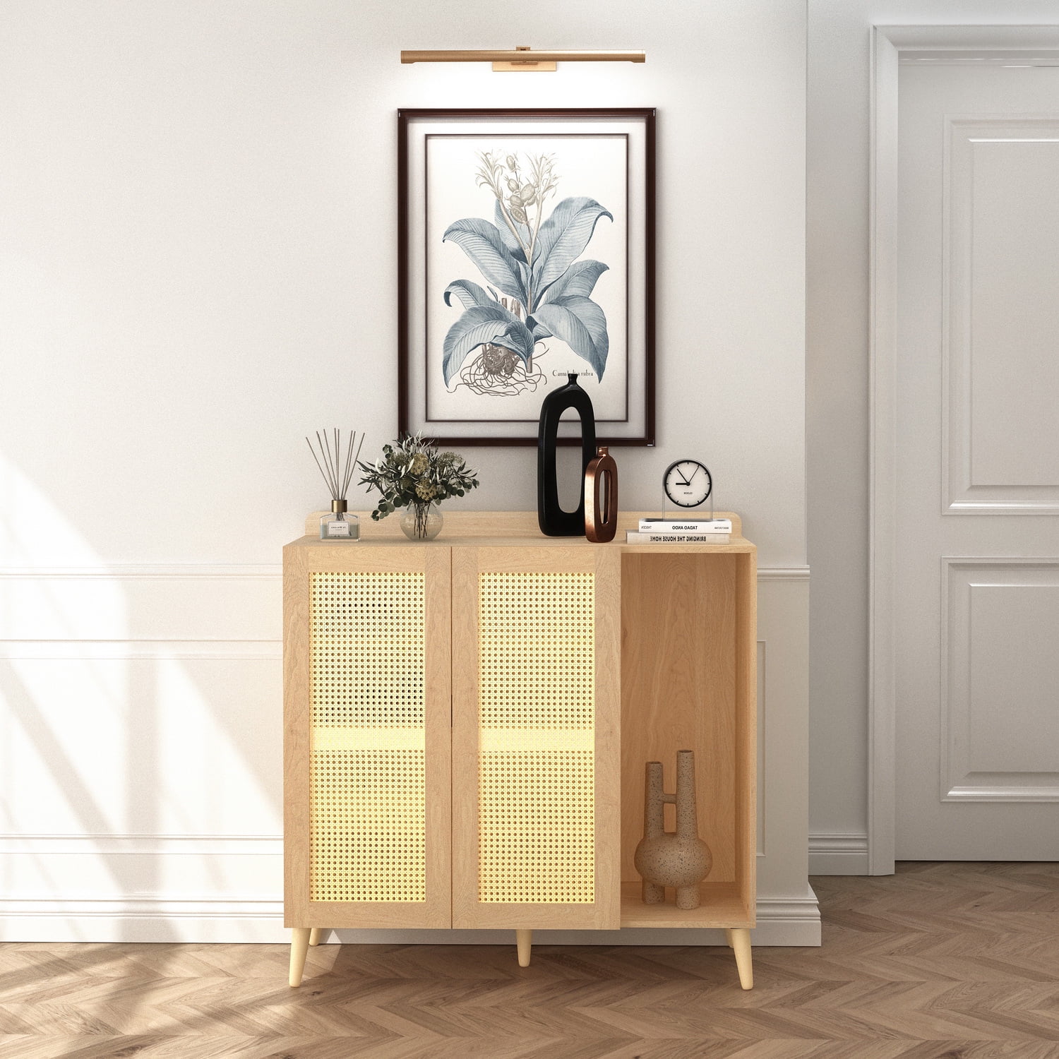 Homy Casa Accent Buffet Sideboard Cabinets with Adjustable Shelf Natural Rattan Doors Entryway Chest Console Table, Oak