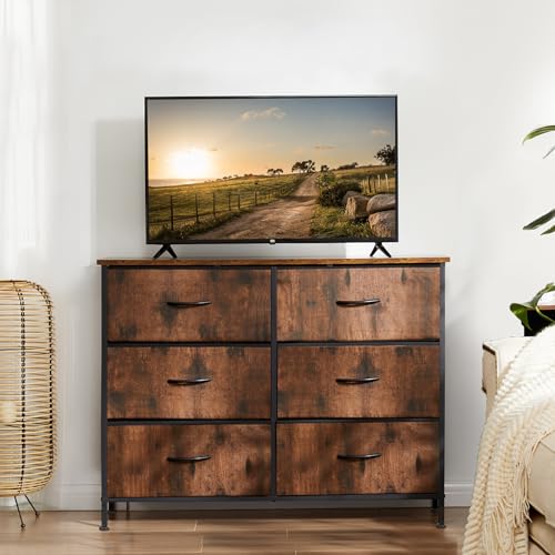 DUMOS TV Stand for Living Room Entertainment Center with 6 Fabric Drawers Dresser for Bedroom Storage Organizers Units, Brown